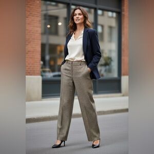 Wool Blend Herringbone Tan Brown Wide Leg Office Career Business Pants Womens 12